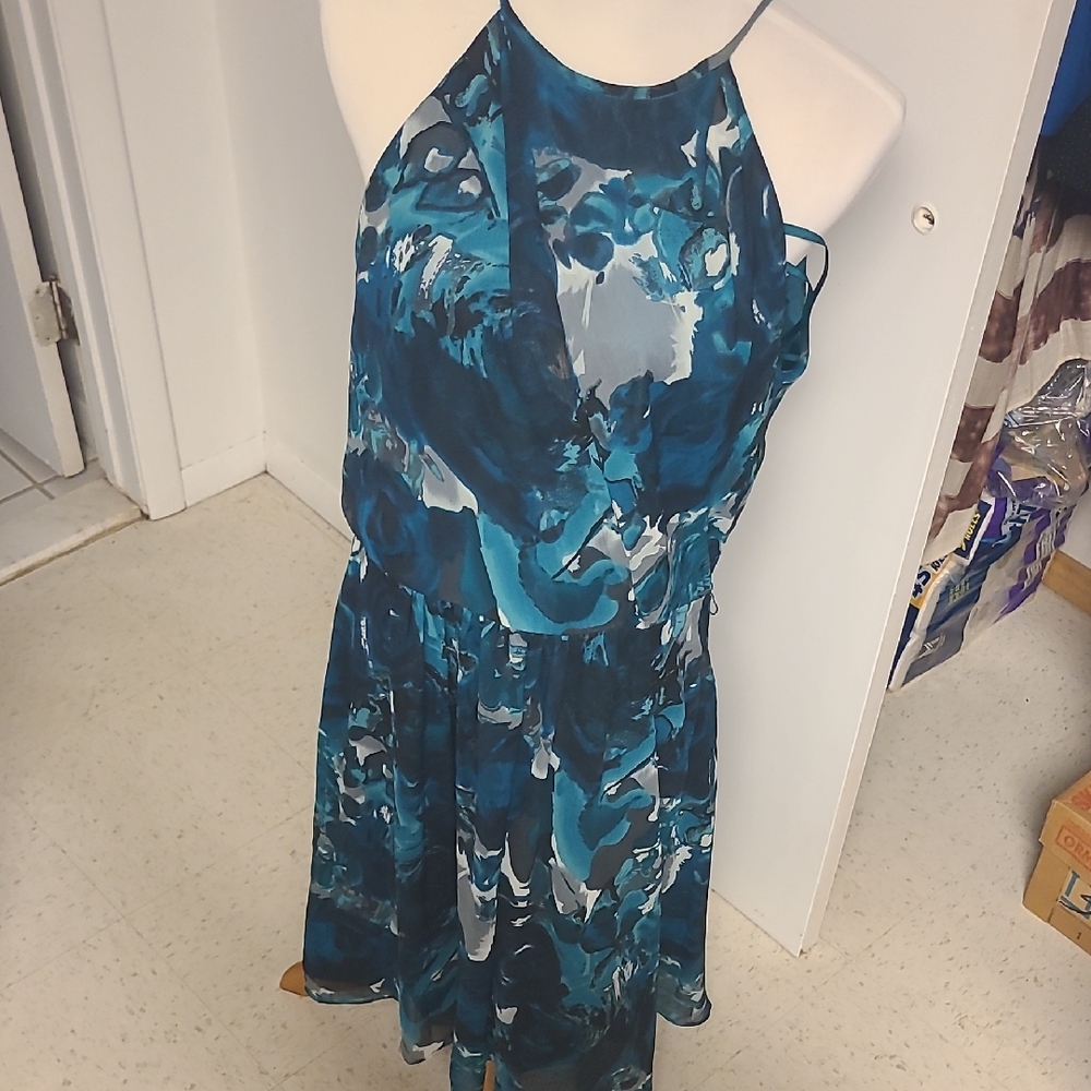 Ann Taylor Strapless Dress in Blue and White